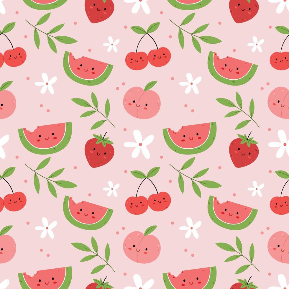 Seamless pattern with funny characters fruit slices of fresh watermelon, peac, strawberries and cherries on a white background. Illustration for book, wrapping paper, textile print, wallpaper vector