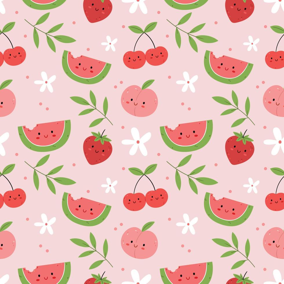 patrón impecable con personajes divertidos rebanadas de fruta de sandía fresca, peac, fresas y cerezas sobre un fondo blanco. ilustración para libro, papel de envolver, estampado textil, papel tapiz vector