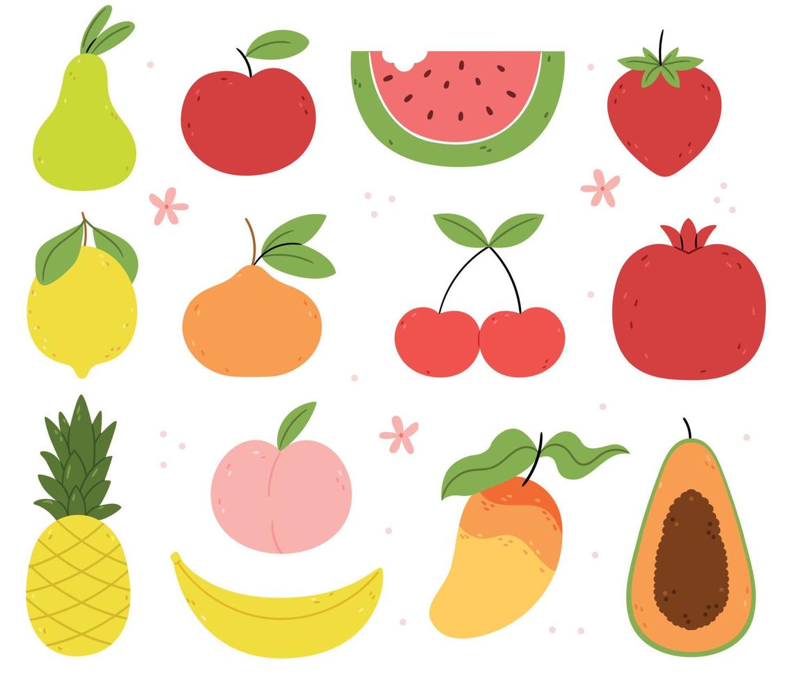 Set of summer fruits and berries.Organic products. Apple, orange, watermelon, strawberry, pear, papaya, banana, lemon, pineapple. Summer flowers. vector