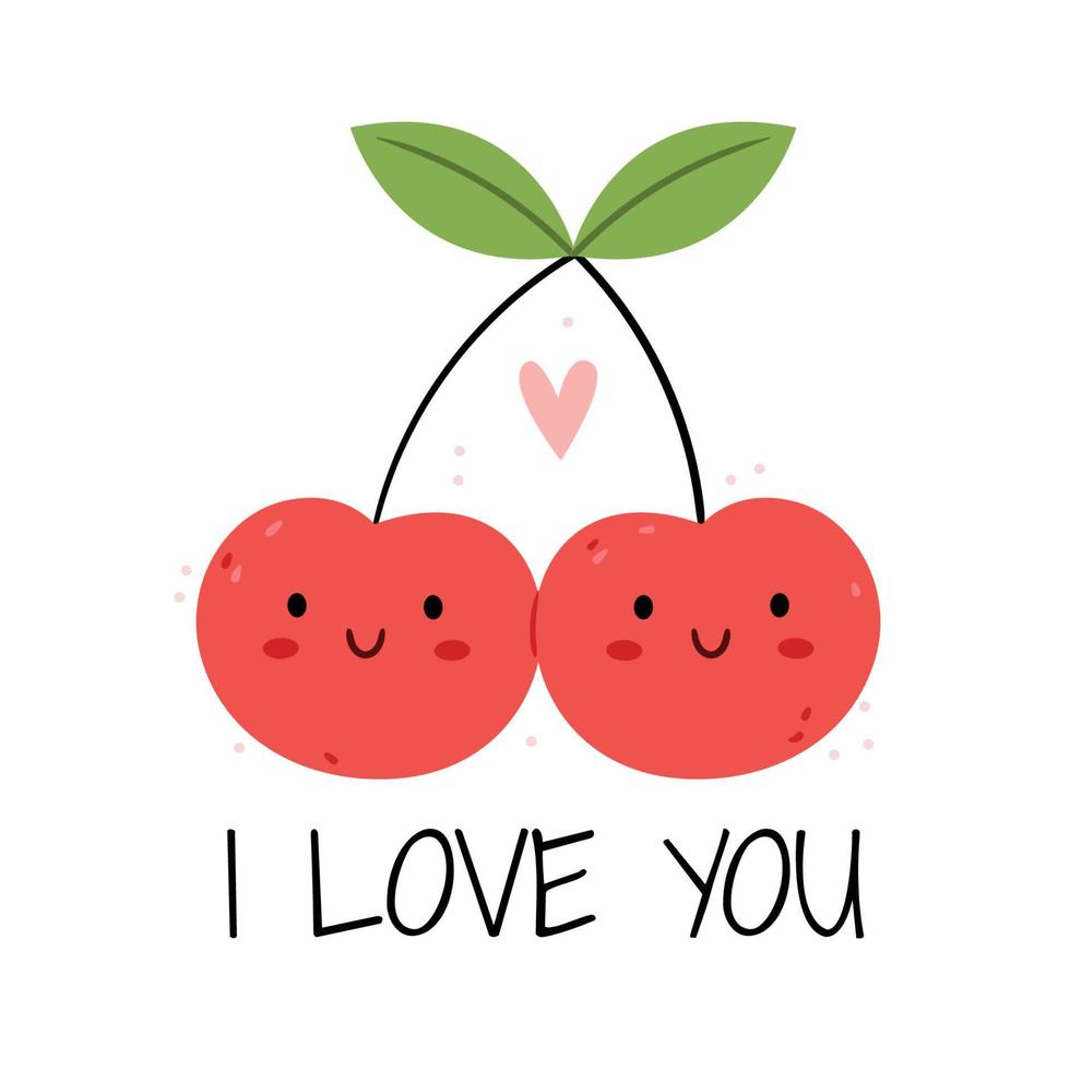 Illustration with Funny cherries.Poster with summer cute character.Hello Summer.Children's illustration.Love.Cherry. vector