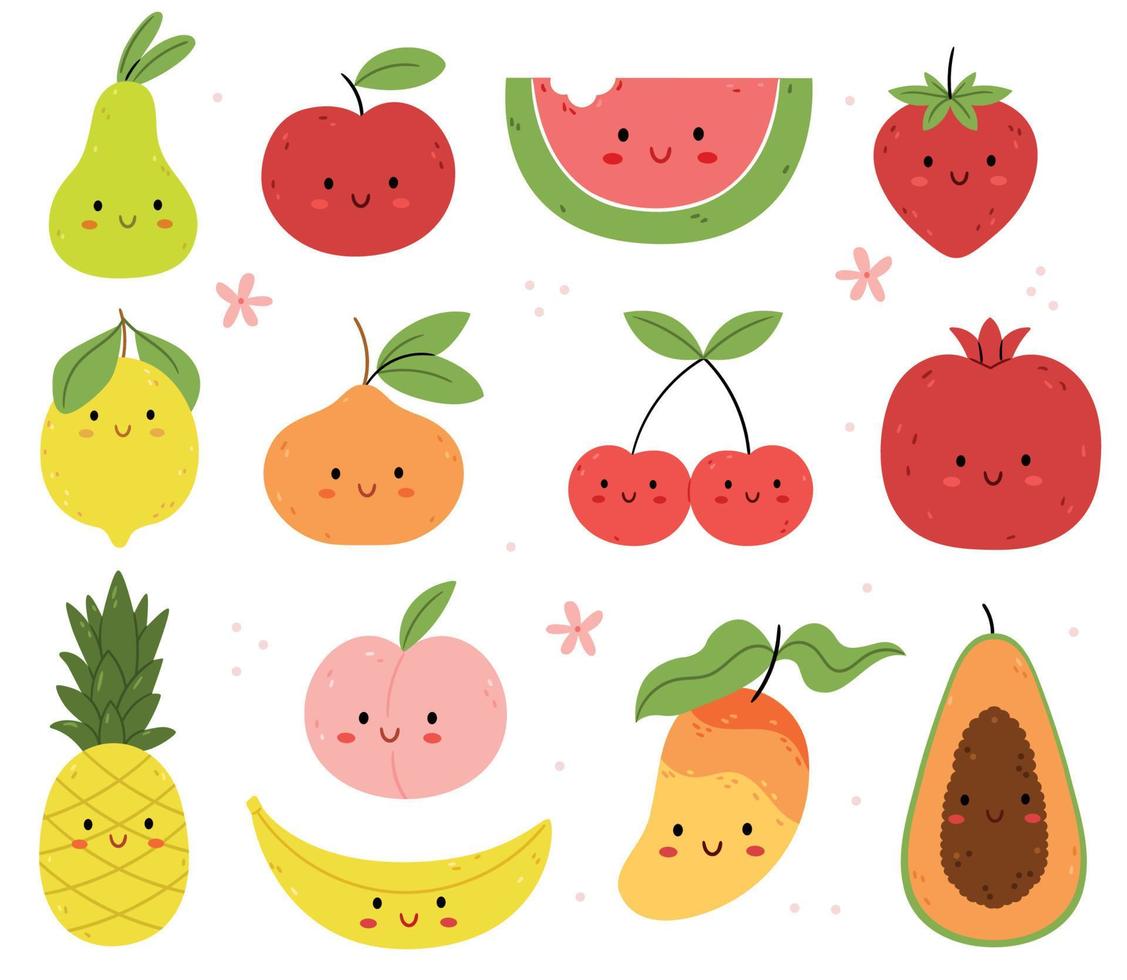 conjunto de personajes divertidos de frutas y bayas de verano. ilustración infantil. manzana, naranja, sandía, fresa, pera, papaya, plátano, limón, piña. flores de verano vector