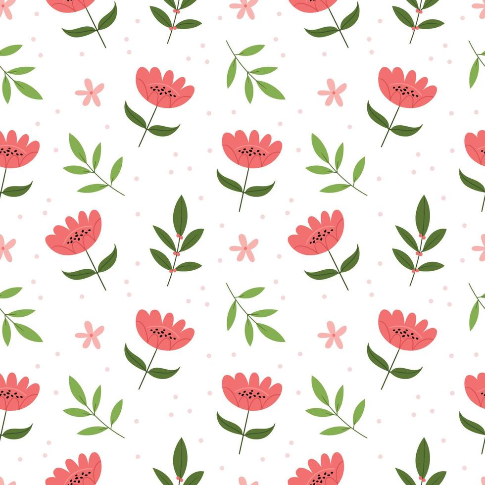 Seamless floral pattern with  pink flowers and leaves.Colorful flat vector illustration. Repeating texture design.