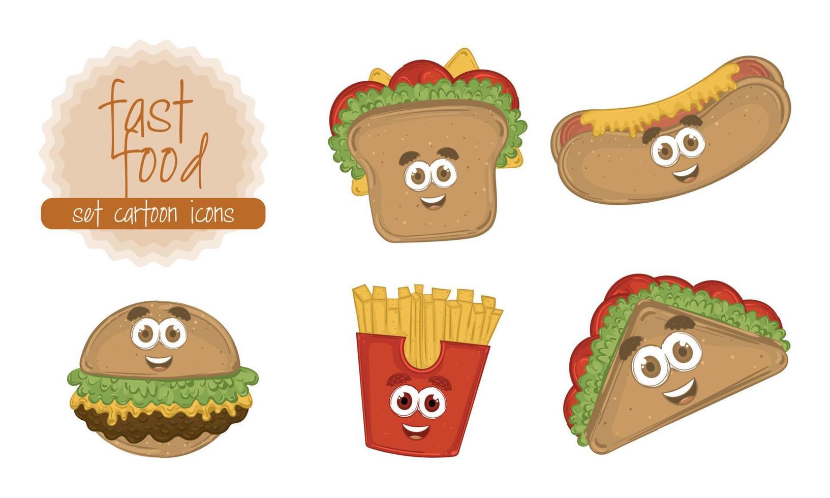 conjunto de dibujos animados felices de comida rápida ilustración vectorial vector