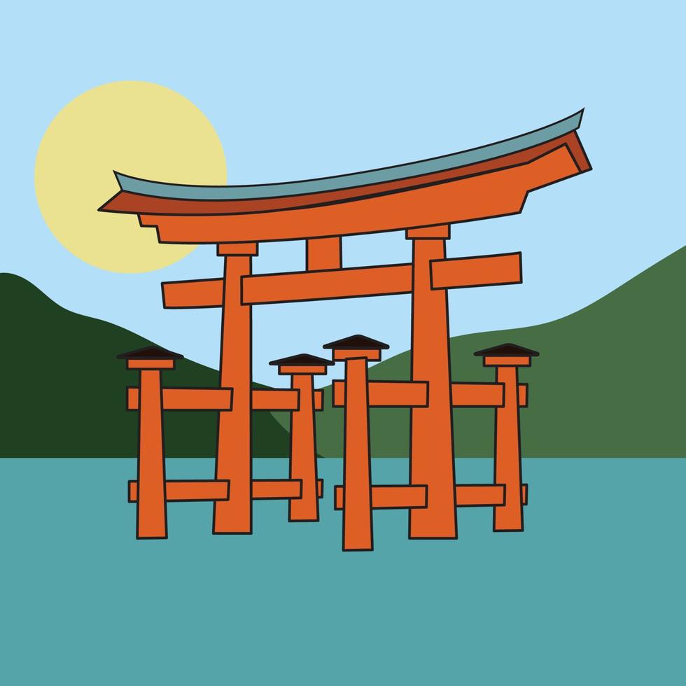 Torii gate surrounded by water illustration vector design