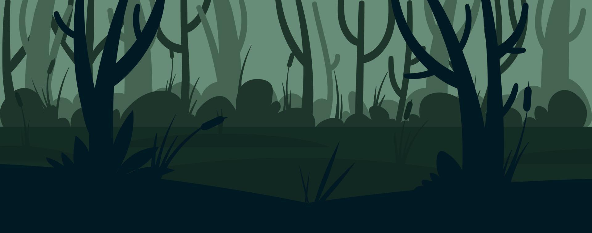 Cartoon forest background with pond or swamp. Rainforest landscape scary night silhouette with a water, tree trunks and marsh grass. Vector cartoon illustration of wild jungle, forest
