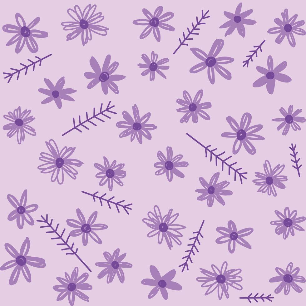 Chamomile floral pattern in small flowers for Valentine. Floral seamless background of daisy for fashion prints. Seamless vector texture. Spring bouquet in vintage sketch style on purple