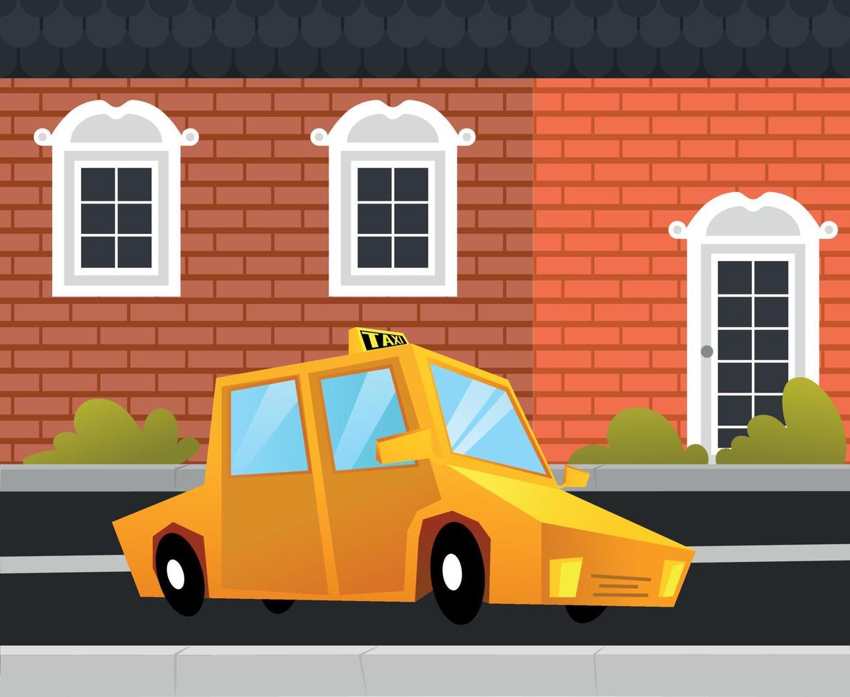 Car parking along town street in cartoon style. Vehicles car on city street. Taxi car and cityscape. booking taxi. Vector illustration
