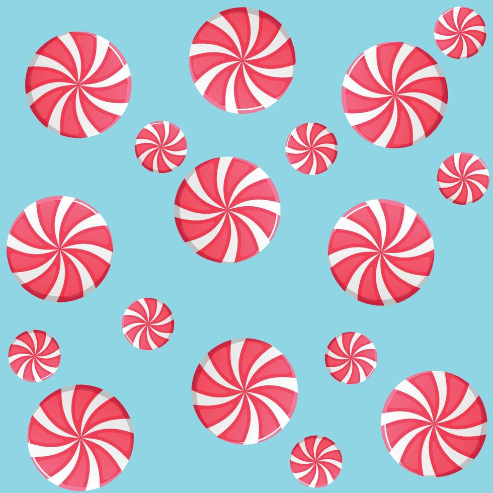 Striped peppermint candy, caramel, vector. Cartoon style. Traditional Christmas lollipops and candies isolated on cyan background vector