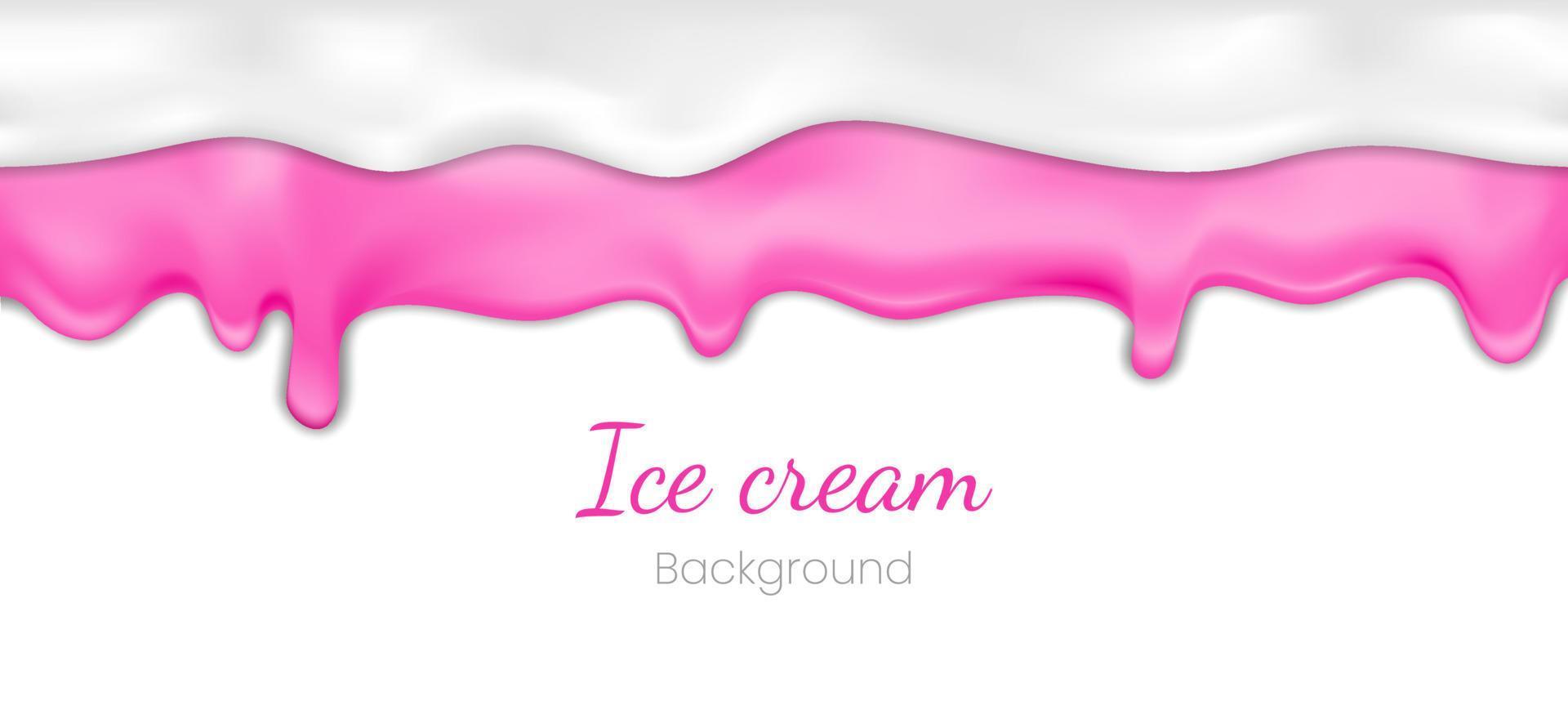 Realistic drip ice cream or frozen yogurt on white background. Syrup sweet liquid splashes, glossy cream border, molten texture 3d vector illustration Melted white and pink icing or sweet sauce drop.