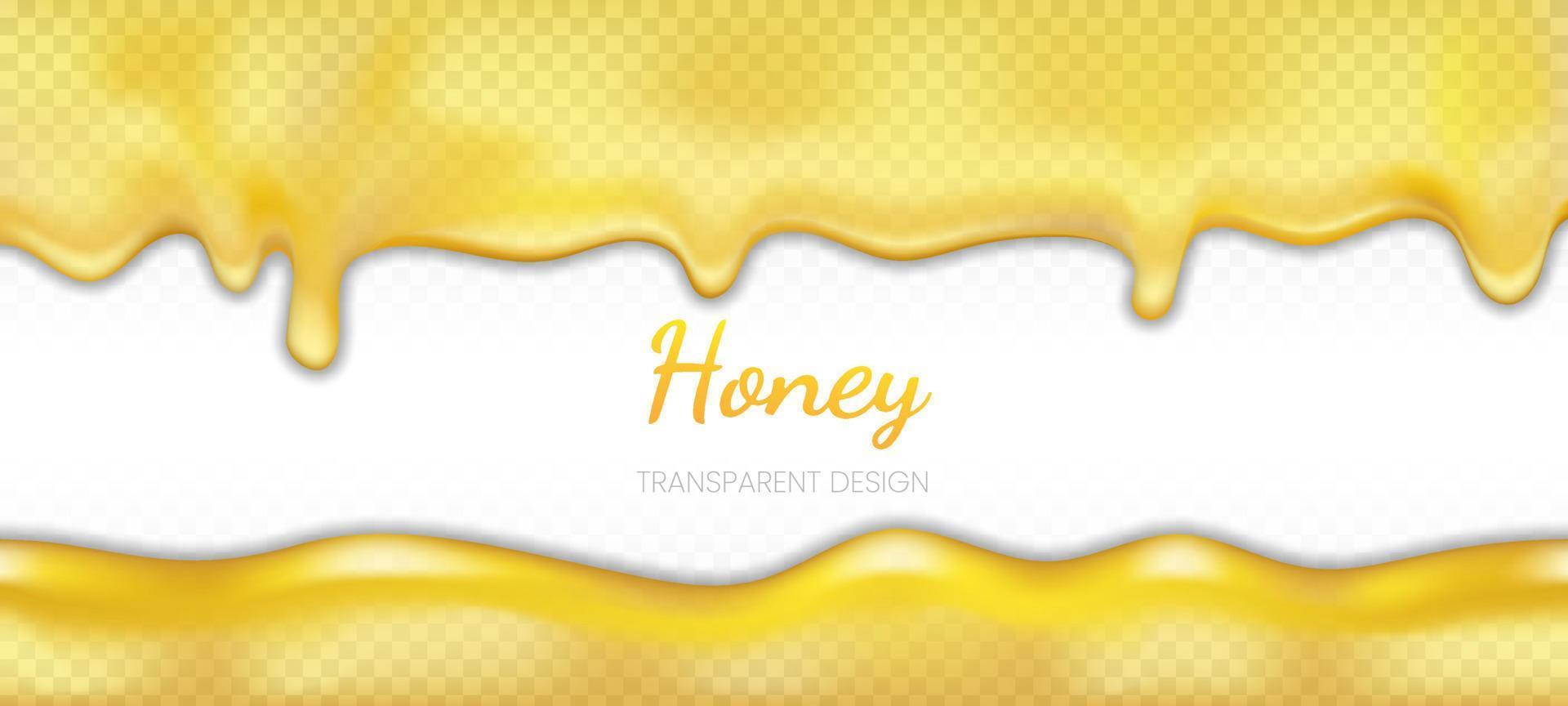 Honey isolated on transparent background. Delicious drops, for desert, menu, web site banner. Golden butter, caramel, confectionery syrup. Vector template of melted bee honey or cream.