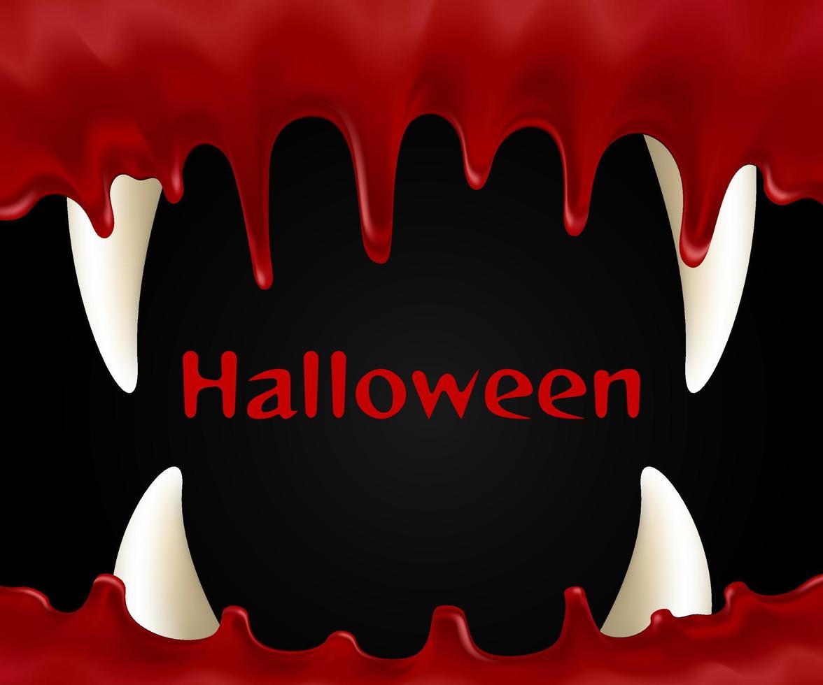 Realistic blood flowing isolated on black background. Drops and liquid splashes. Vampire fangs, monster open mouth. Can be used on Halloween scary party, flyers, banners or web. Vector illustration