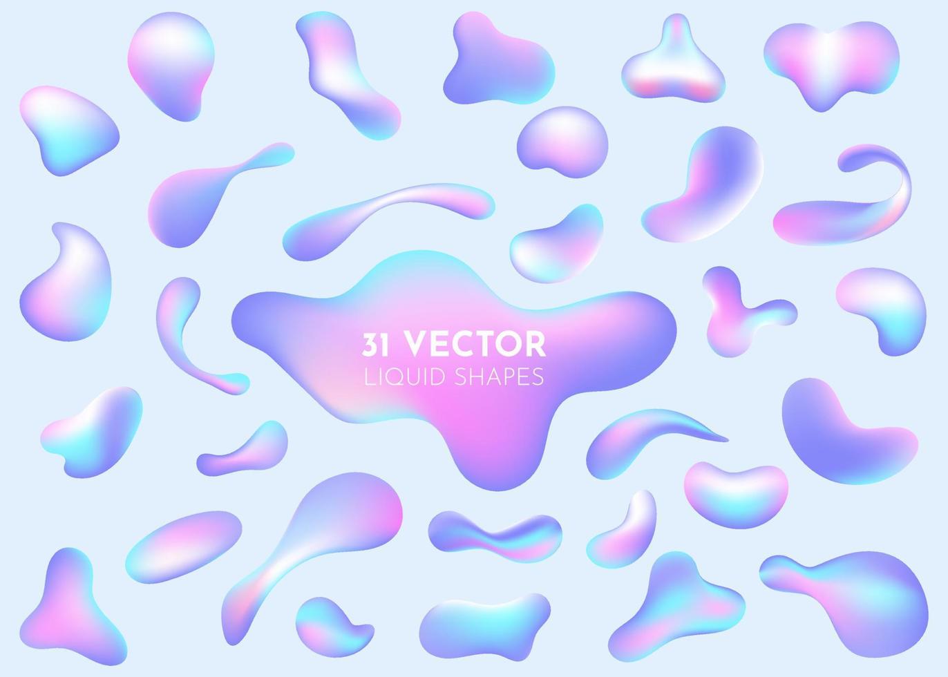 Liquid flow pastel purple, blue 3D neon lava lamp vector geometric set for banner, card or UI design. Gradient mesh bubble in the shape of a wave drop. 31 Fluid colorful abstract shapes collection