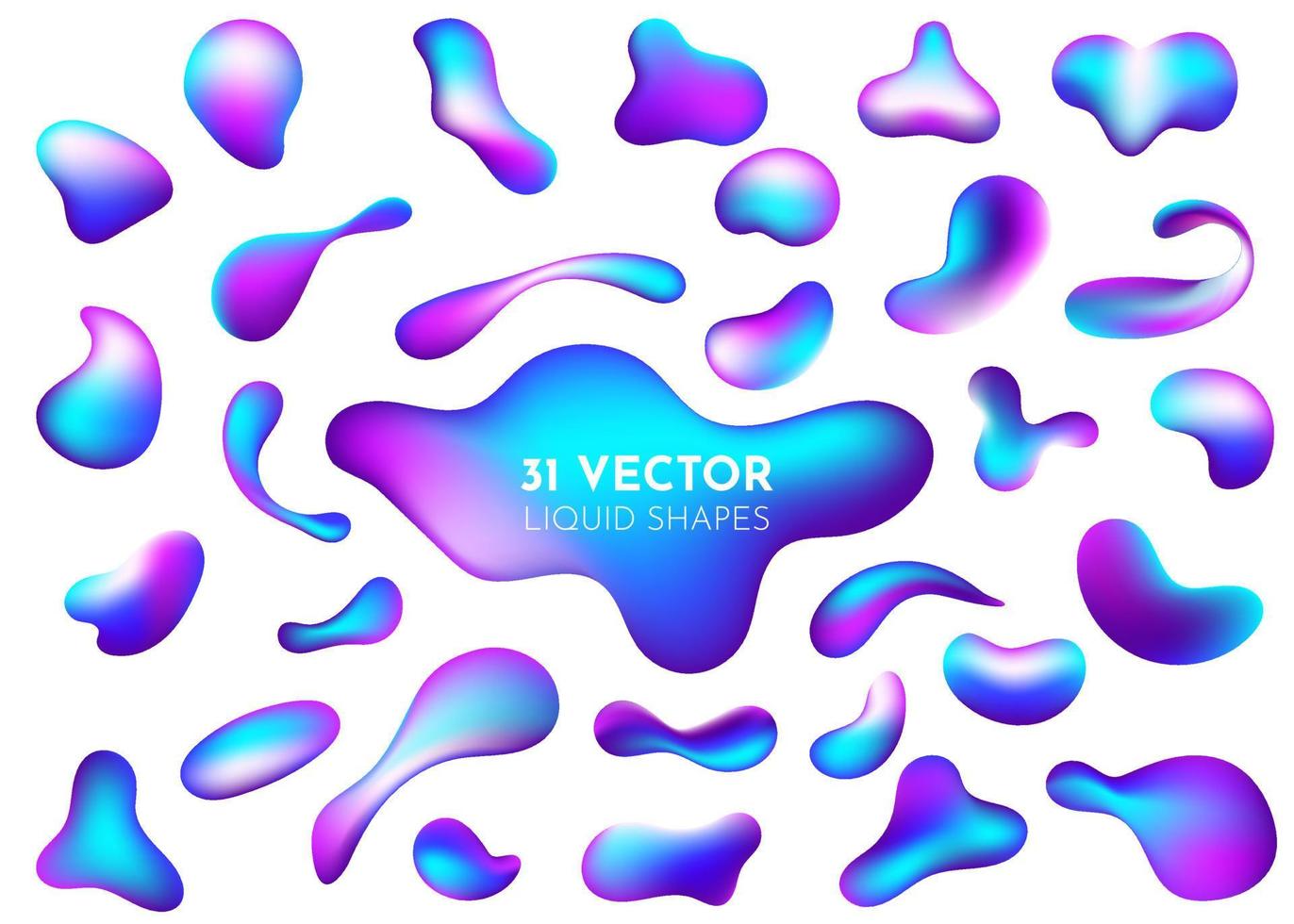 flujo líquido resplandor púrpura, azul 3d lámpara de lava de neón conjunto geométrico vectorial para banner, tarjeta o diseño de interfaz de usuario. burbuja de malla degradada en forma de gota de onda. colección de 31 formas abstractas de colores fluidos vector