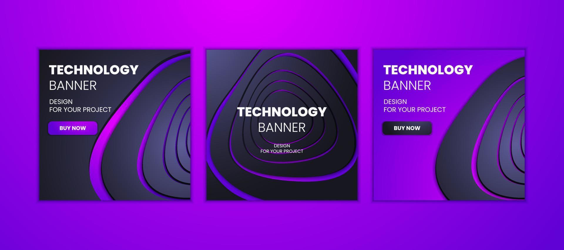 Modern technology banners collection in geometry style. Futuristic hi-tech colorful background set. Vector illustration. Dynamic neon abstractions for typography, design frame for social media post.