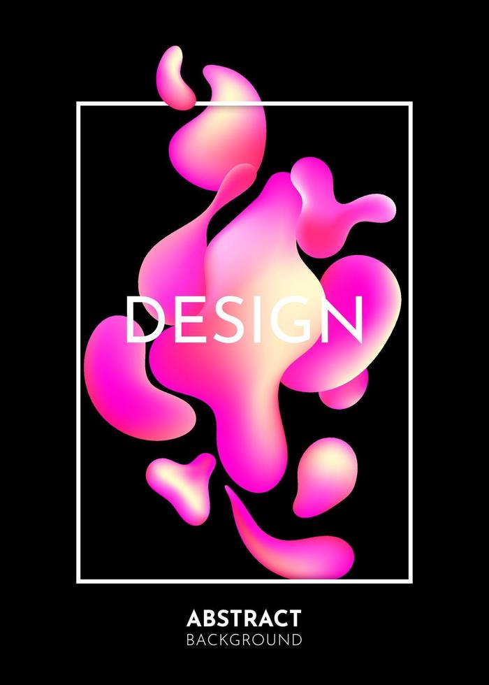 Liquid flow, pink 3D neon lava lamp vector geometric black background frame for banner, card, UI design or wallpaper. Gradient mesh bubble in the shape of a wave drop. Fluid colorful abstract shapes.