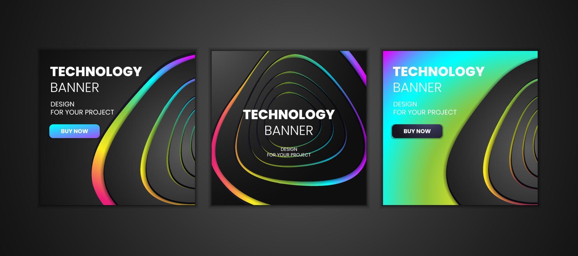 Modern technology banners collection in geometry style. Futuristic hi-tech colorful background set. Vector illustration. Dynamic neon abstractions for typography, design frame for social media post.