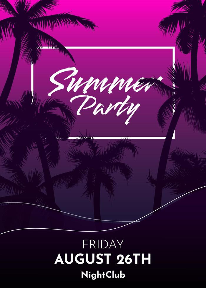 Summer tropical night background with palm trees silhouette, sky and red sunset. Music cocktails party poster, flyer, invitation card. Summer vacation. Hawaiian style neon template design. vector