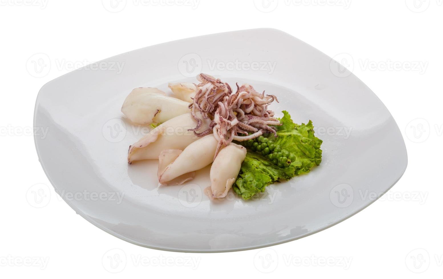 Boiled squid on the plate and white background photo