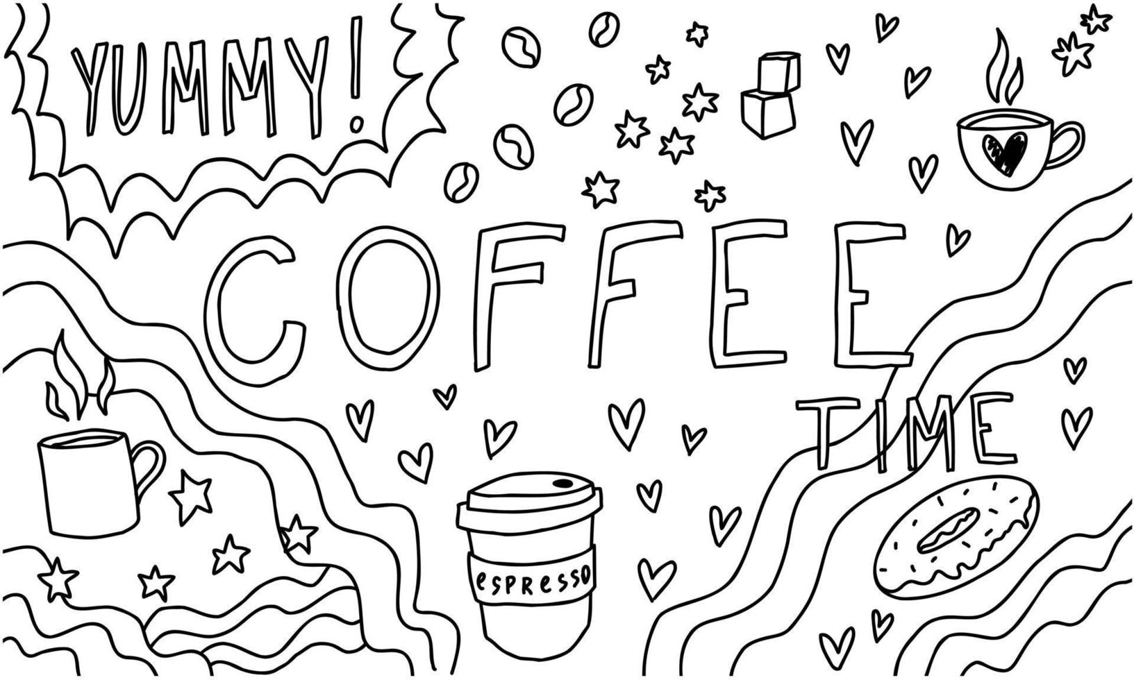 Doodle coffee time line coloring book, hearts, stars, tea, donut, text. Cafe sketch set, cute isolated collection for restaurant. vector