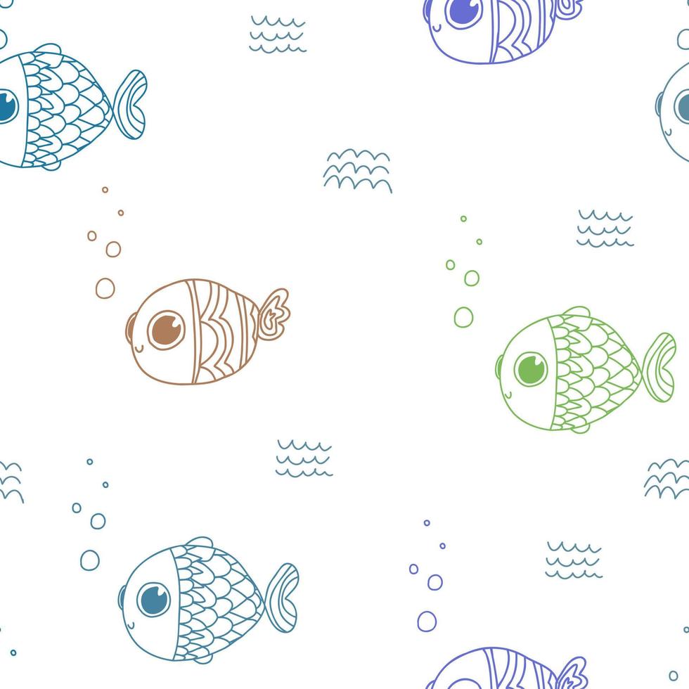 Cute minimalistic pattern with colorful fish. Textiles, lines, doodles, scribble, white sea background for the bathroom. vector