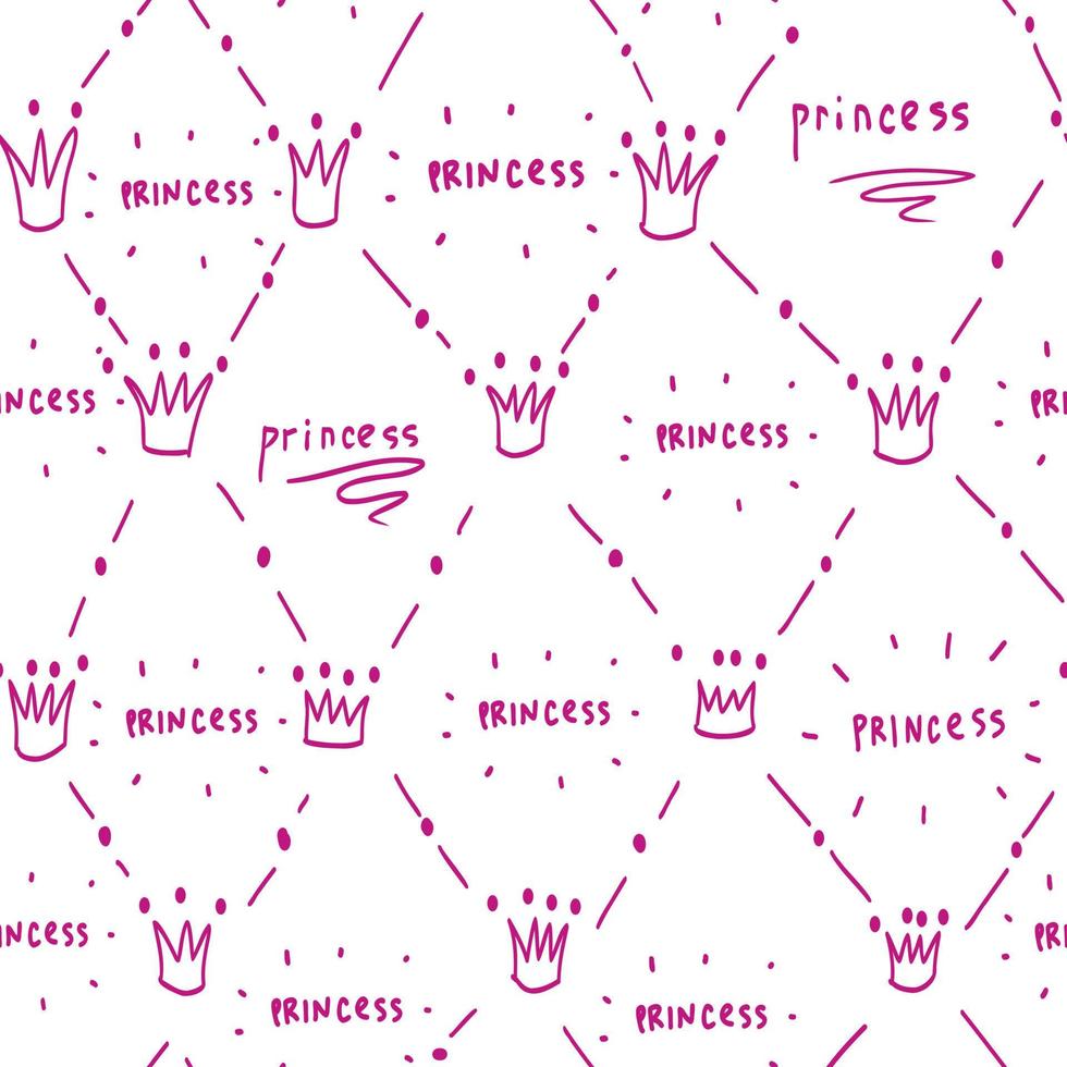 Cute white pattern with pink crown, princess seamless background. Textiles scribble for girl, scrapbook, baby. vector