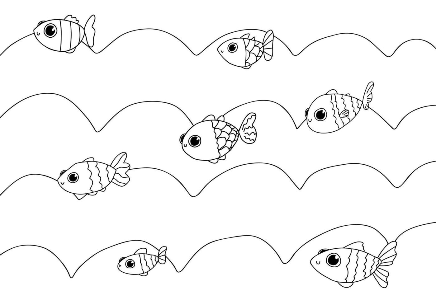 Cute cartoon fish coloring book. Sea, waves, nature isolated background. vector