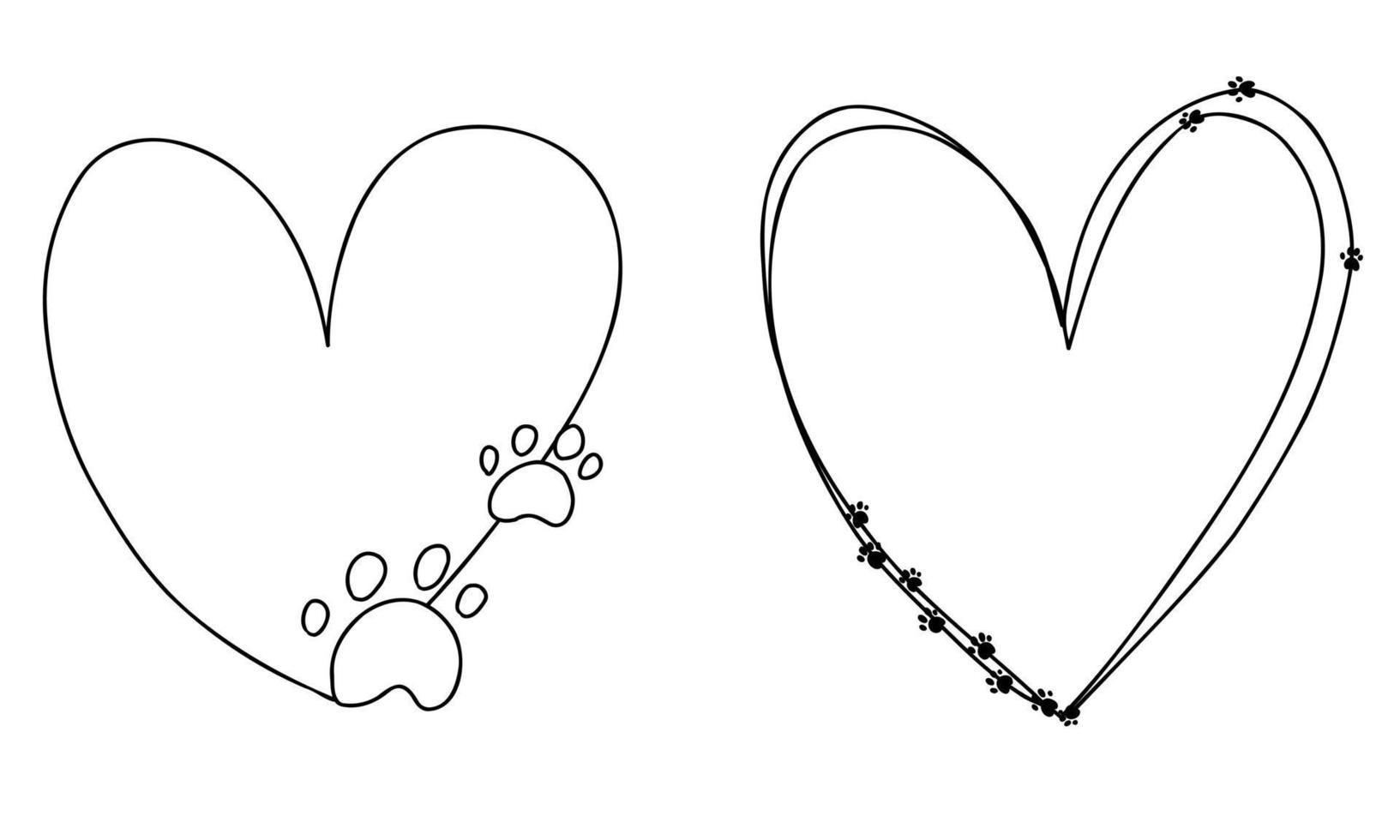 Cute doodle isolated paws frames hearts set, line hand drawn love. For dog, cat, bunny, pets collection. vector