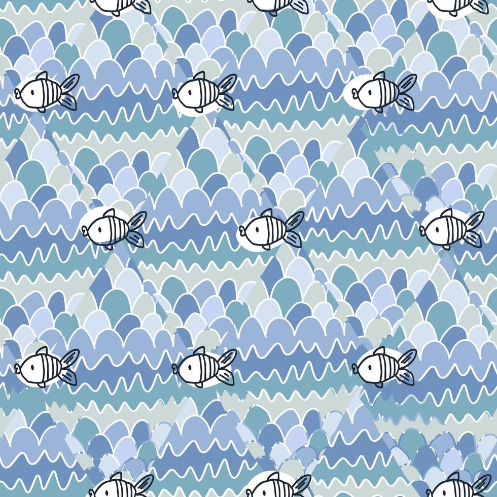 Cute pastel blue pattern, line sea doodle. Seamless background with fish, ocean. Textiles for kids, baby, paper, scrapbook. vector