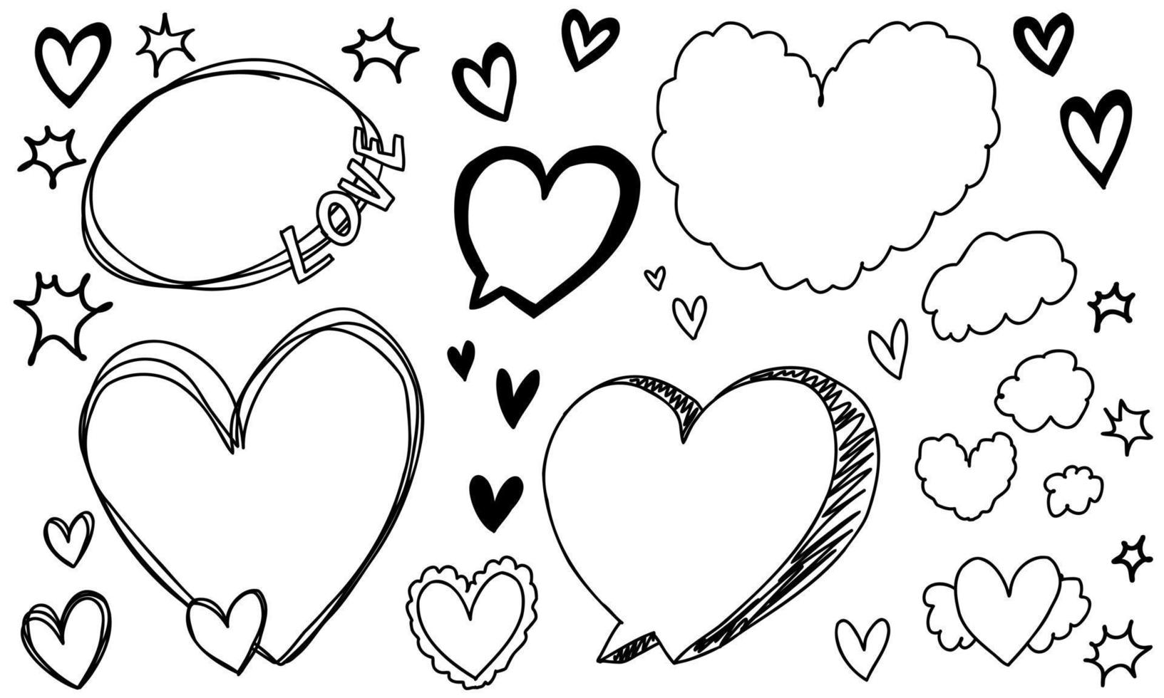 Cute doodle frames set decorative hearts, hand drawn isolated collection. vector