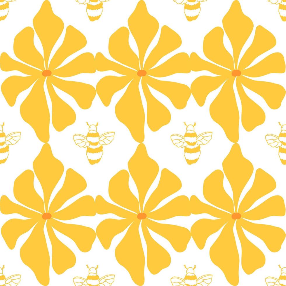 Cute doodle bee seamless white pattern, retro yellow flowers. Summer fabric textile, insect textile, wallpaper. vector