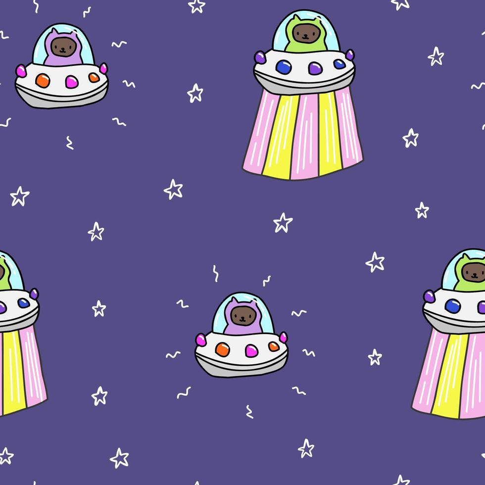 Cute blue pattern with hand drawn stars, ufo cats. Pets seamless background. Fabric textiles for baby, paper scrapbook. vector