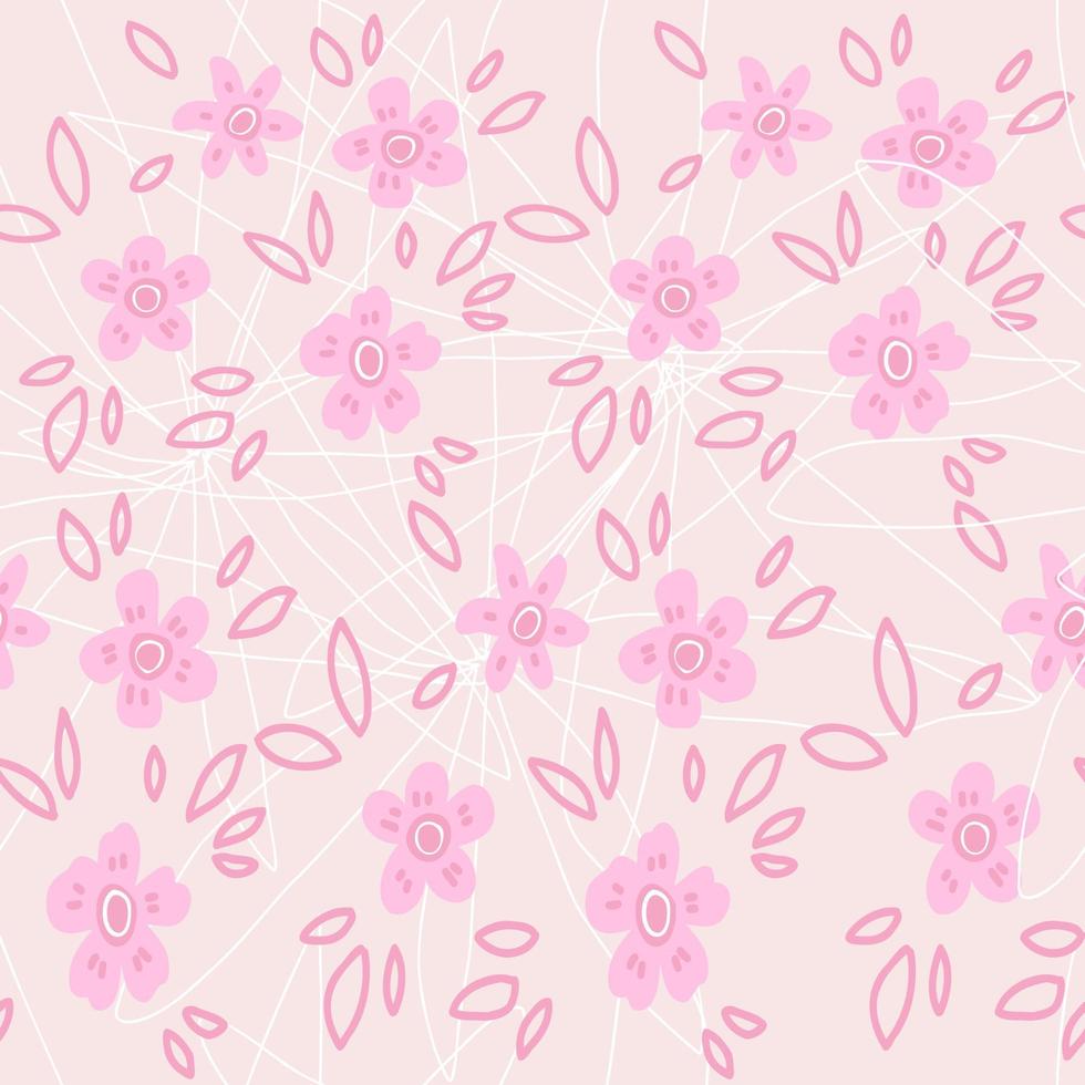 Hand drawn white line geometric doodle, pink pastel seamless wallpaper. Cute vector flowers, petals pattern for paper, fabric textile, home, children.