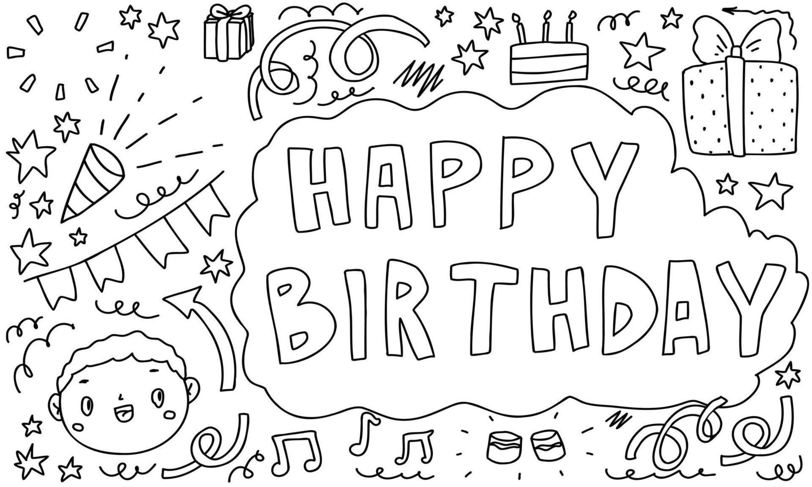 Doodle feliz cumpleaños línea libro para colorear. conjunto de bocetos linda colección aislada para niños, garabatos, postales. vector