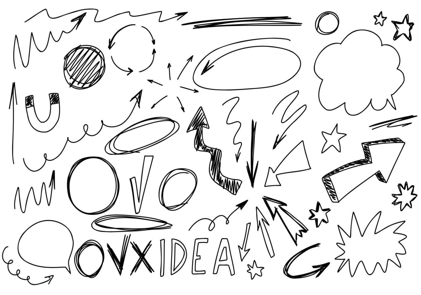 Doodle frames, line arrows, stars. Sketch, scribble set, cute isolated collection for office, school, stickers. vector