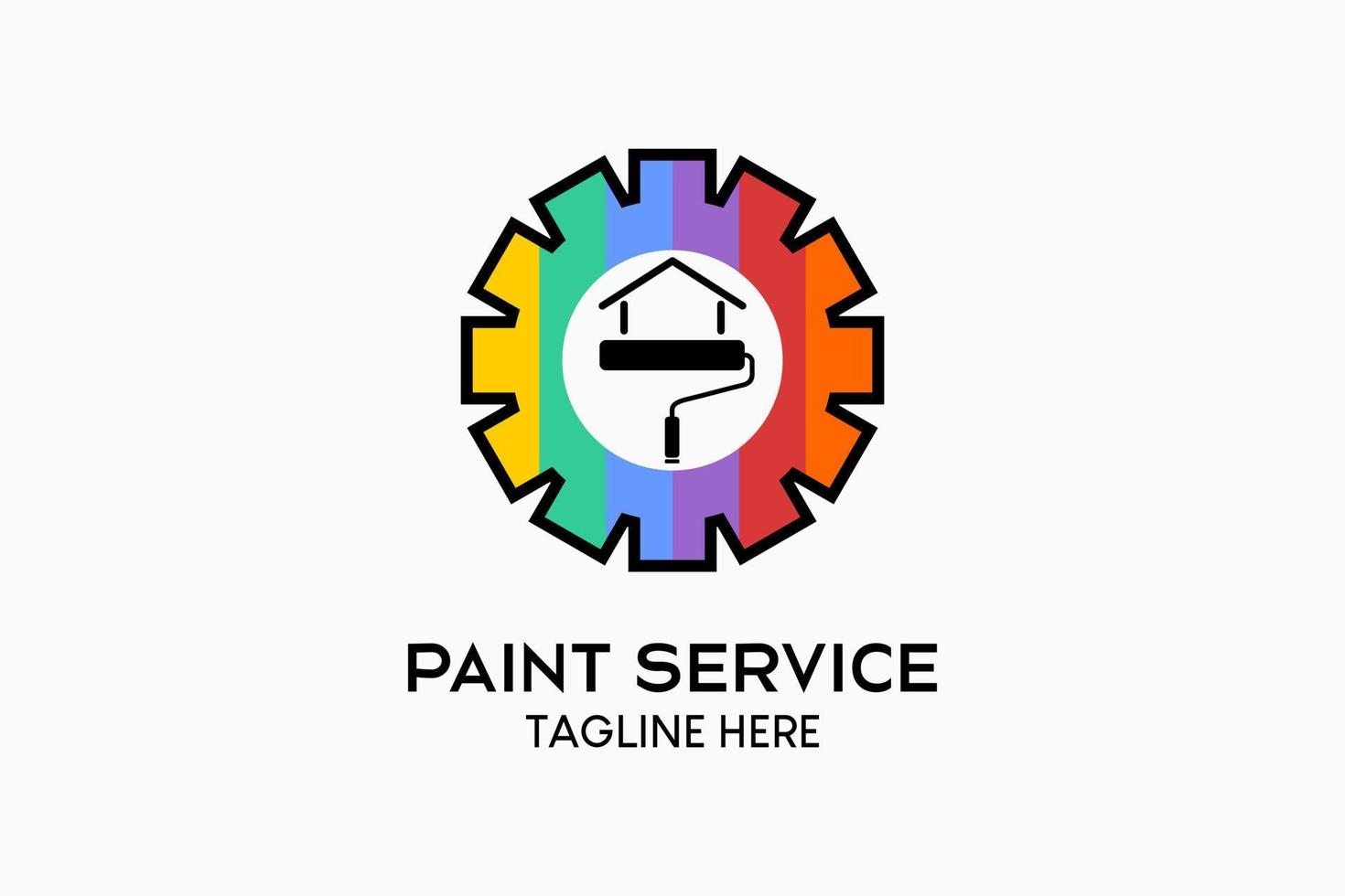 Wall paint logo design or house paint, paint roller silhouette with a house icon in a rainbow color concept in gear. Modern vector illustration
