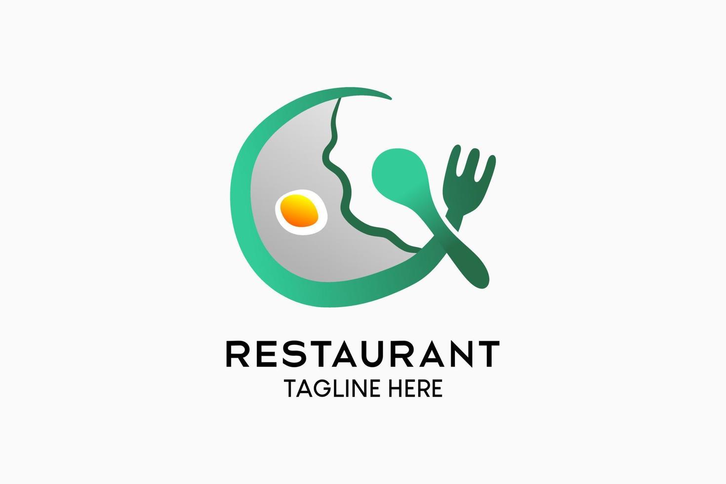 Restaurant logo design with creative hand drawing concept, spoon and fork combined with egg icon in a circle. Modern vector illustration