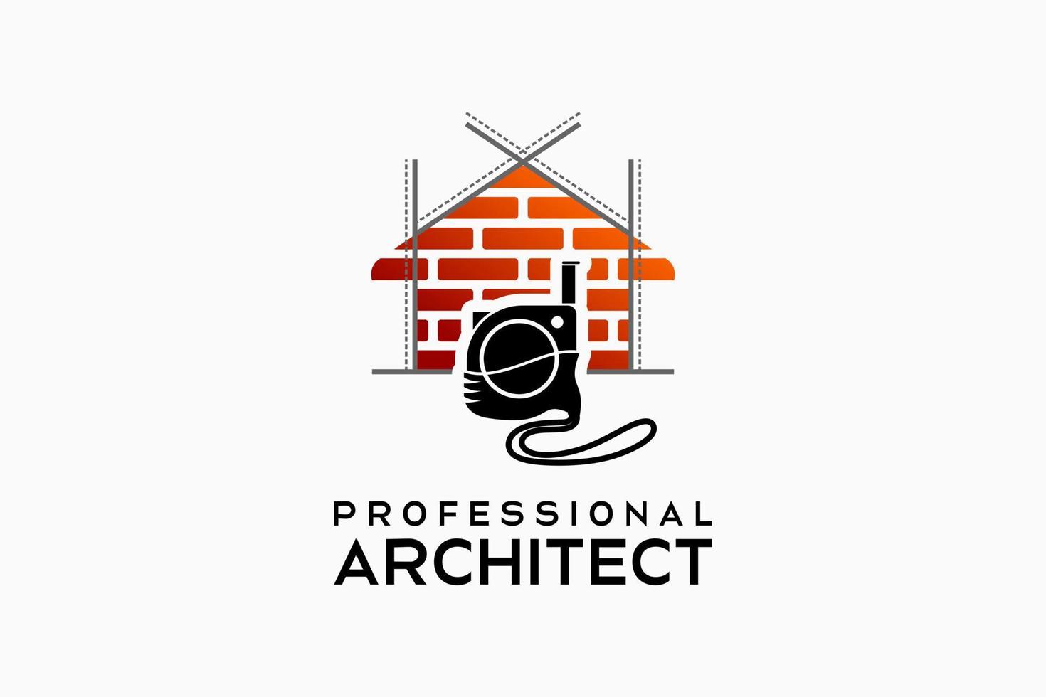 Architect or building designer logo design, silhouette of a roll meter with a brick patterned house icon. Modern vector illustration