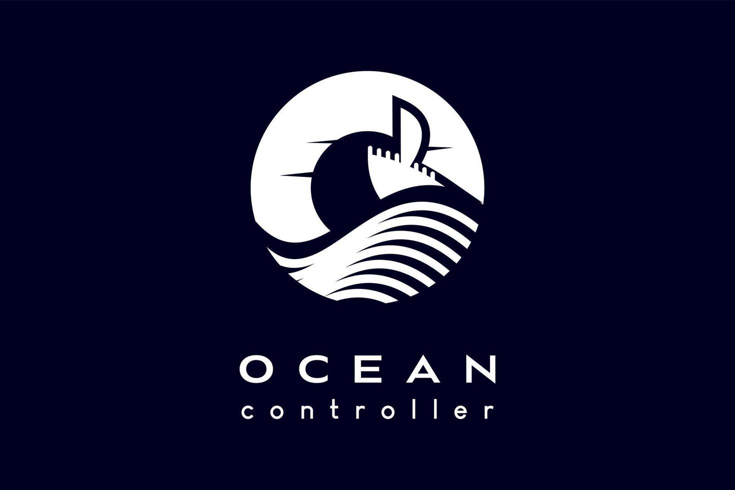 Ocean logo design, ocean icon, sun or moon and ship icon with creative concept in circle. Modern vector illustration