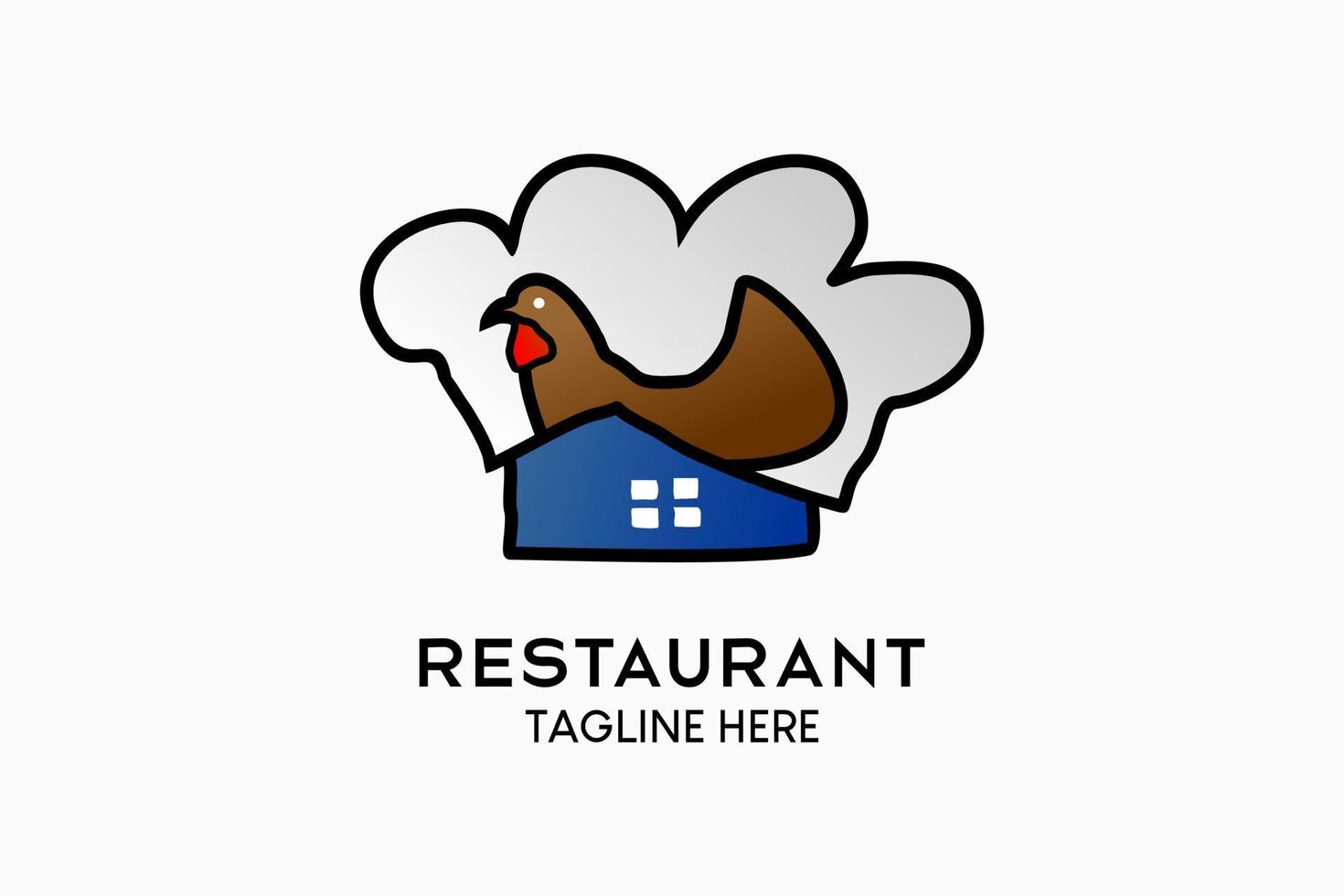 Restaurant logo design with a creative hand-drawn concept, a chicken icon with a house icon combined with a chef's hat. Modern vector illustration