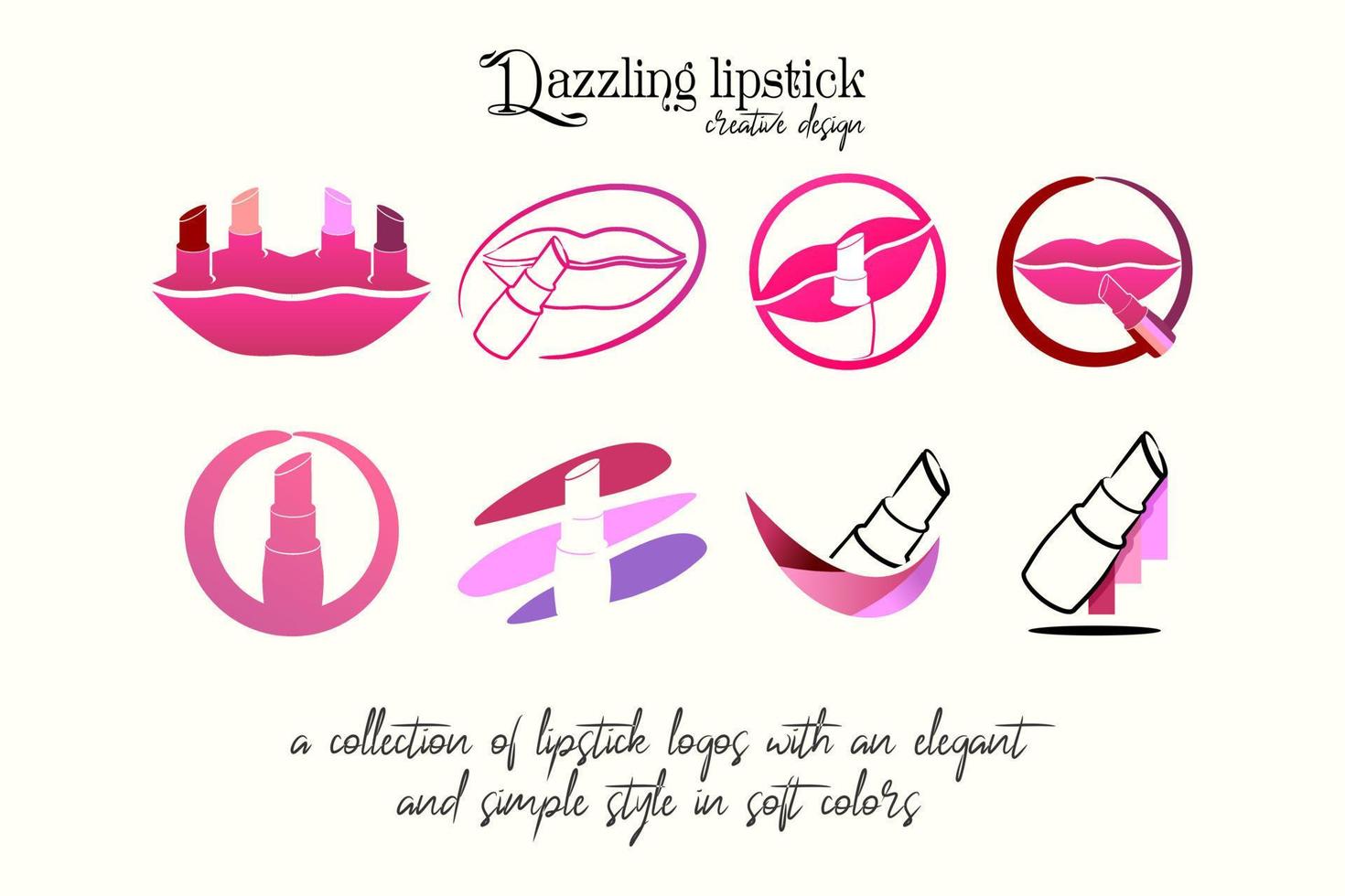 Collection of lipstick logos in elegant style in soft colors. Premium vector logo for make up or beauty