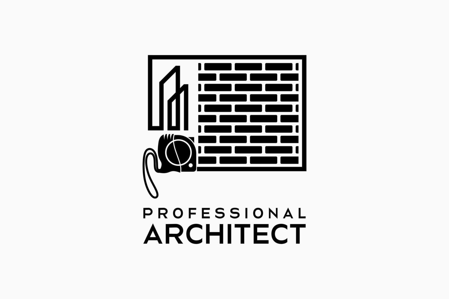 Architect or building designer logo design, silhouette of roll meter and building in line art blends with brick silhouette. Modern vector illustration