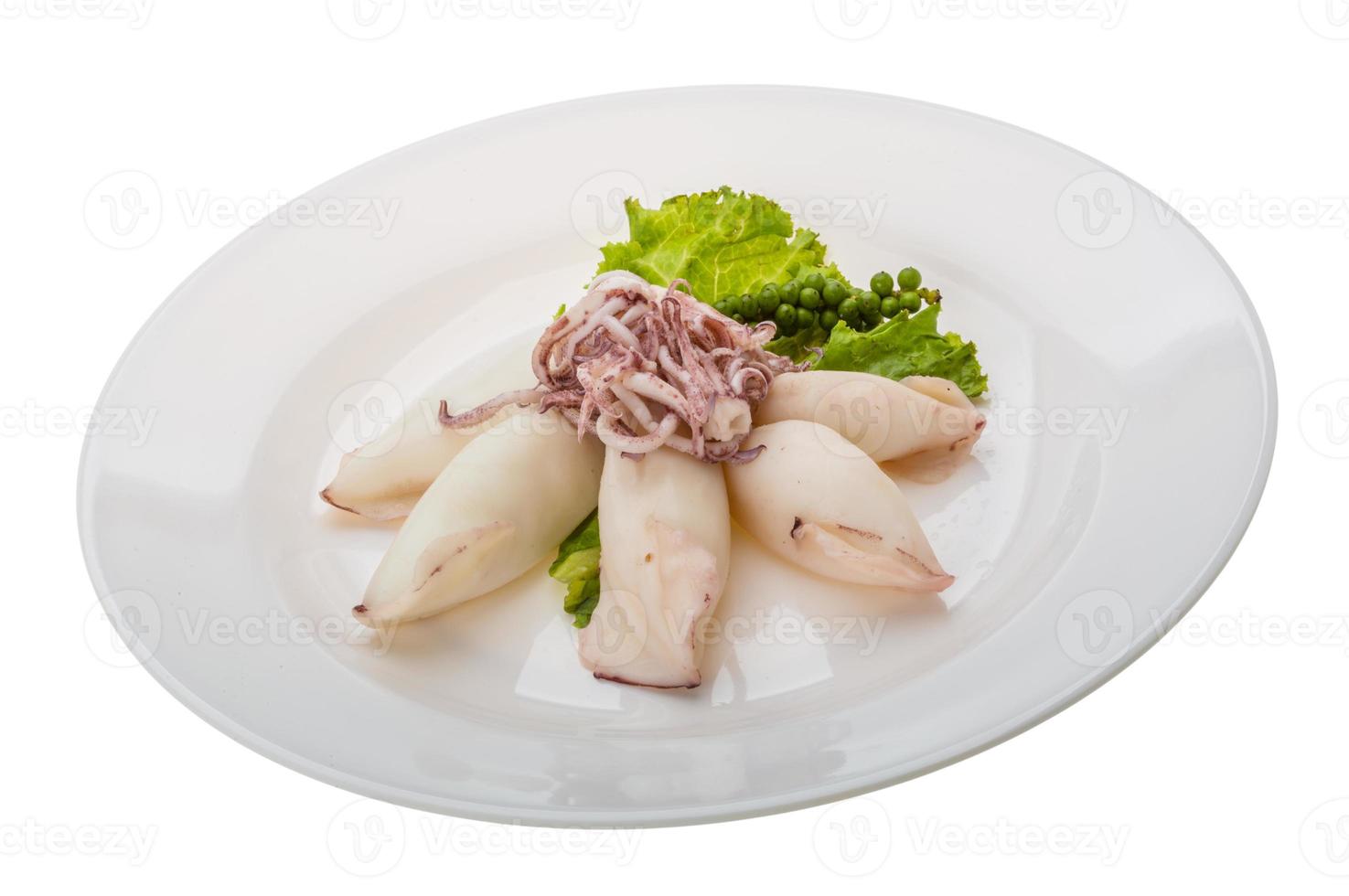 Boiled squid on the plate and white background photo