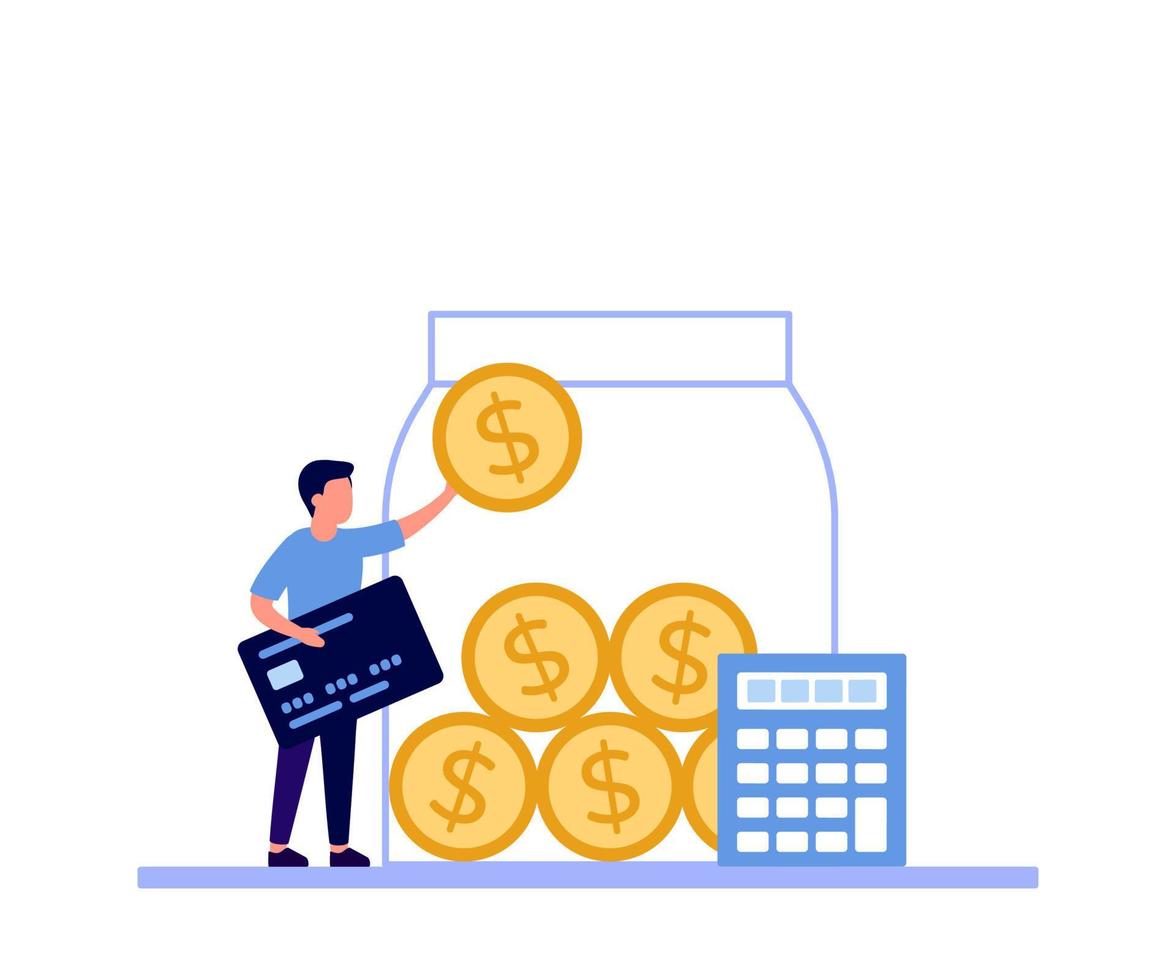 Man collect money salary into huge glass jar for save coin and make profit. Golden coins for savings, save in account, invest. Finance budget economy. Vector illustration