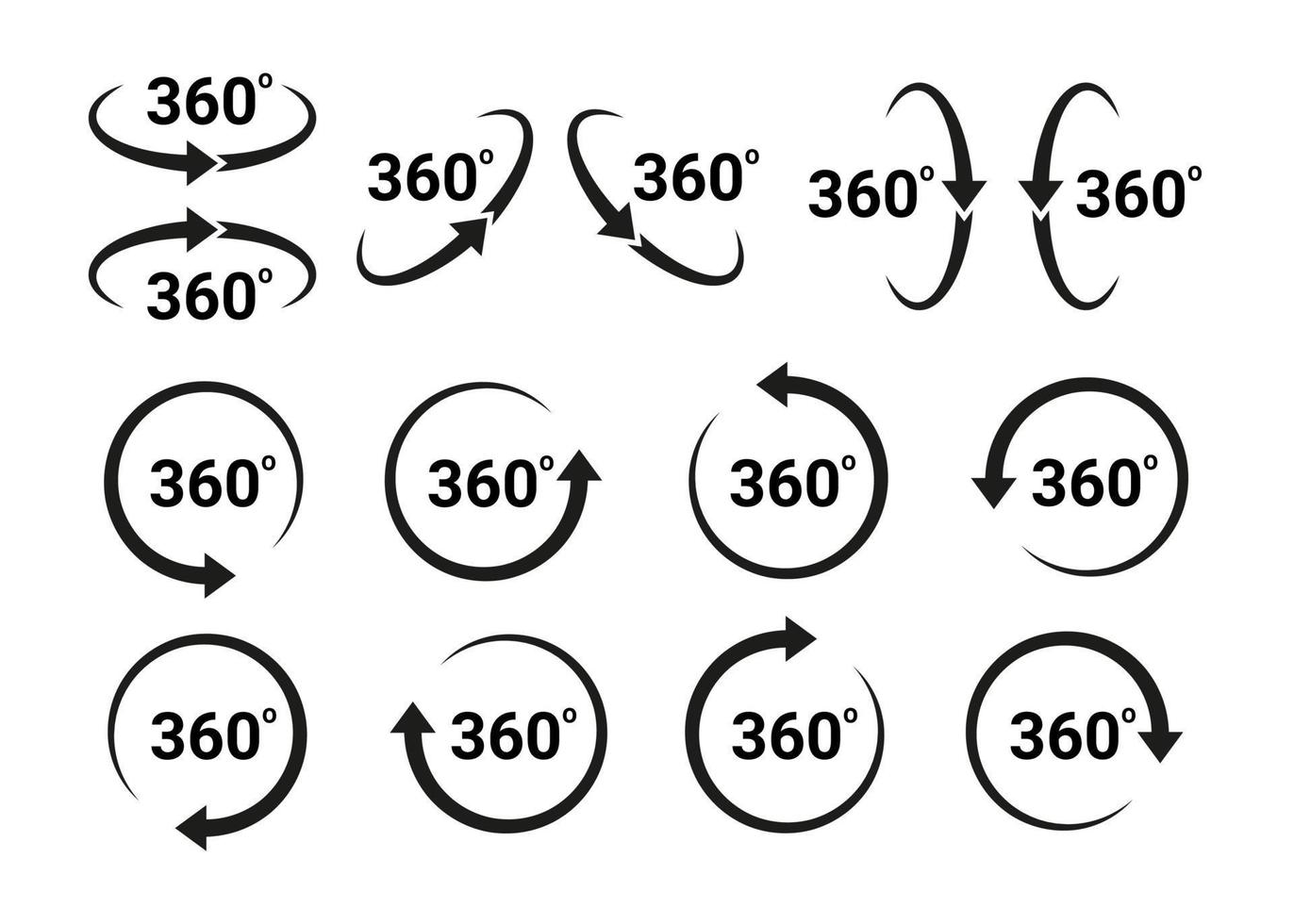 Flecha de 360 grados, gire alrededor del icono del conjunto. signos de círculo vista vertical, horizontal y diagonal con rotación de flechas a 360 grados. realidad virtual. ciclo de rotación, símbolo de movimiento circular. vector