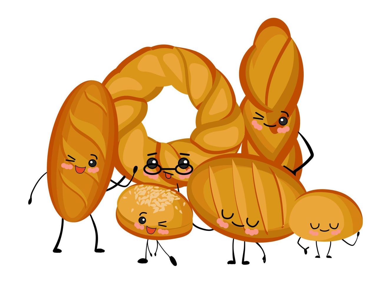 bakery products, bread of various kinds. Long loaf, baguette, pretzel, kalach and buns. Cartoon characters with eyes on a white background.. vector