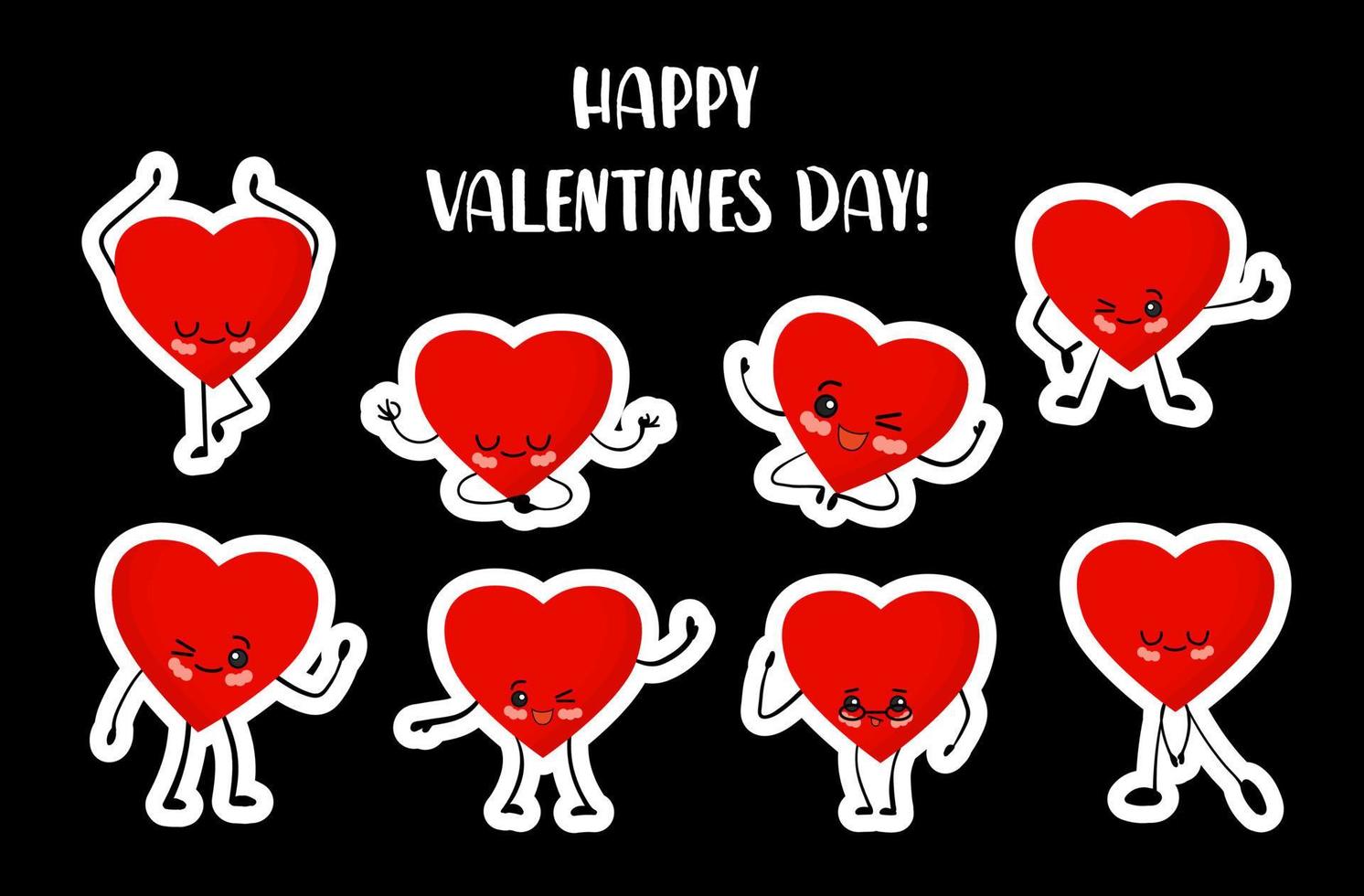 día de San Valentín. conjunto de pegatinas sobre un fondo blanco. lindos corazones de dibujos animados kawaii con ojos, brazos y piernas. carácter alegre del corazón.. vector