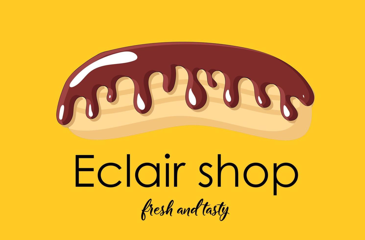 Logo or signboard design. Shop eclairs. Yellow background. Eclair with chocolate icing. vector