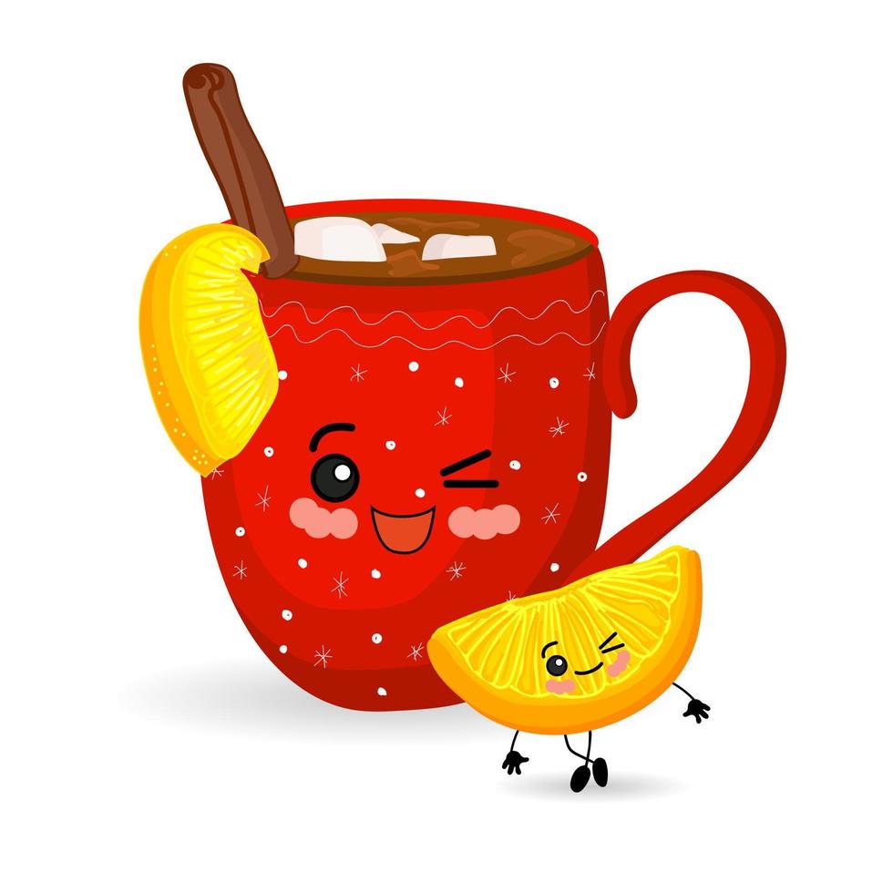 bebidas de invierno. taza de dibujos animados té con limón. chocolate con malvaviscos. personaje con ojos y cara feliz. concepto de navidad.. vector