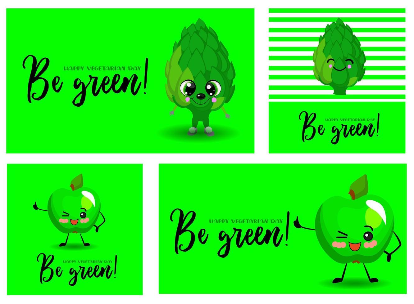 A large set of cards for the day of the vegg and vegetarianism. Vegetarian set. Green background. Cartoon Cute Vegetables Characters. vector