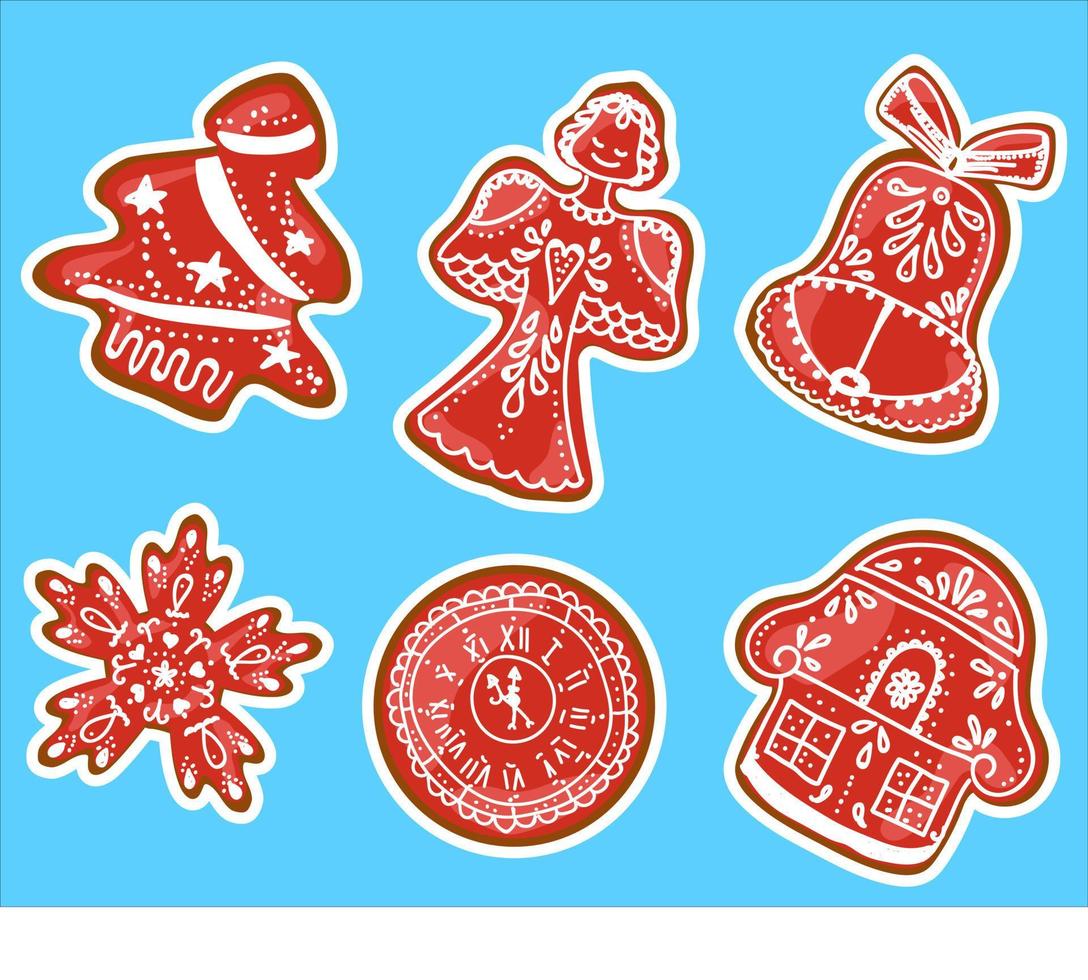 Set of New Year stickers. Christmas gingerbread cookies with icing. Biscuit cookies.. vector